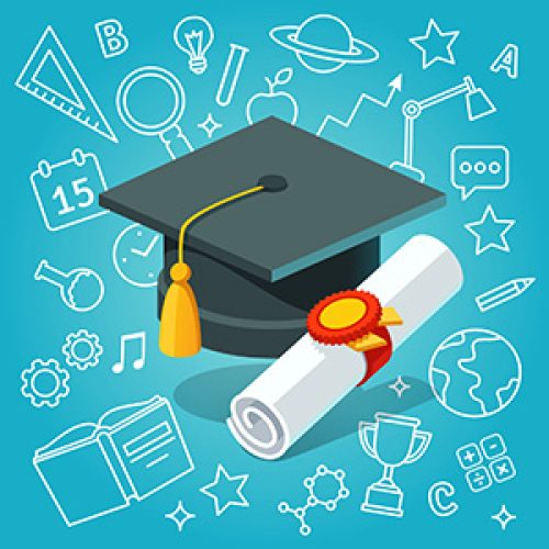 University student cap mortar board and diploma with official stamp and ribbon on education icons background. Flat style vector illustration.